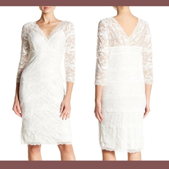 NWT $149 Marina‎ 3/4 Sleeve Tiered Sequin Lace Dress in Ivory [SZ 8 ] - Picture 2 of 8